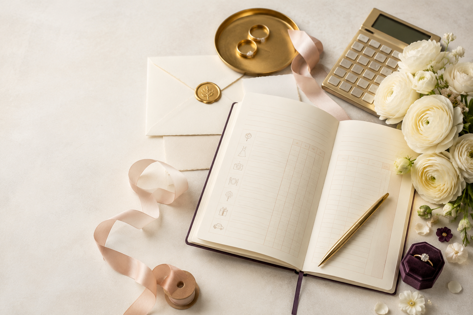 Wedding planning notebook, flowers, rings and calculator